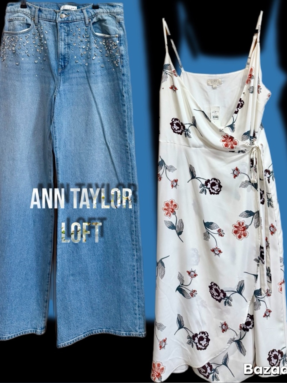 ANN TAYLOR LOFT Floral Wrap Dress and Studded Light Wash Jeans 2 piece bundle -